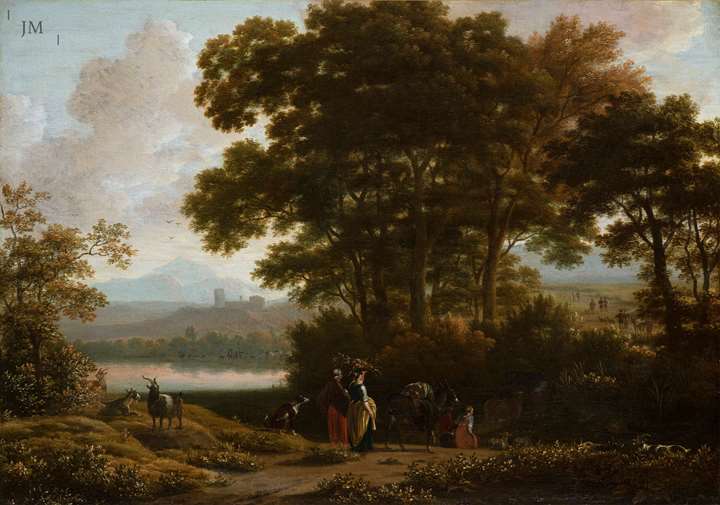 An Italian Landscape with Cattle Drovers crossing a Ford 